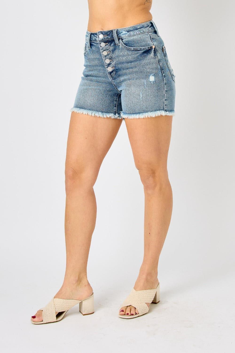 Judy Blue Button Fly Raw Hem Denim Shorts - SwagglyLife Home & Fashion