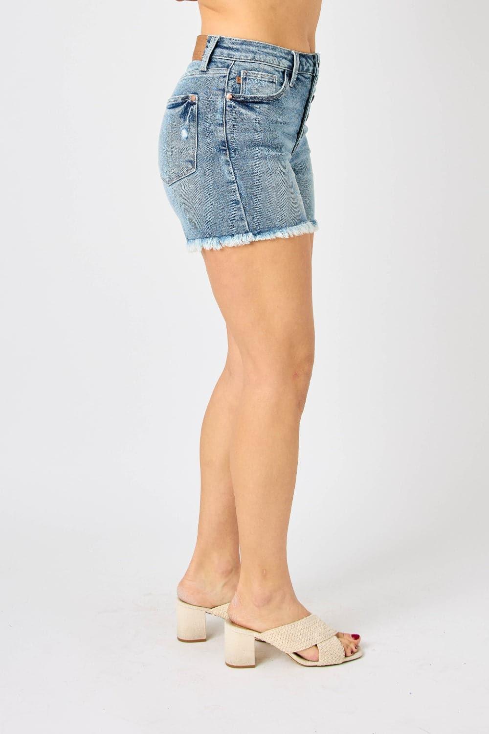 Judy Blue Button Fly Raw Hem Denim Shorts - SwagglyLife Home & Fashion