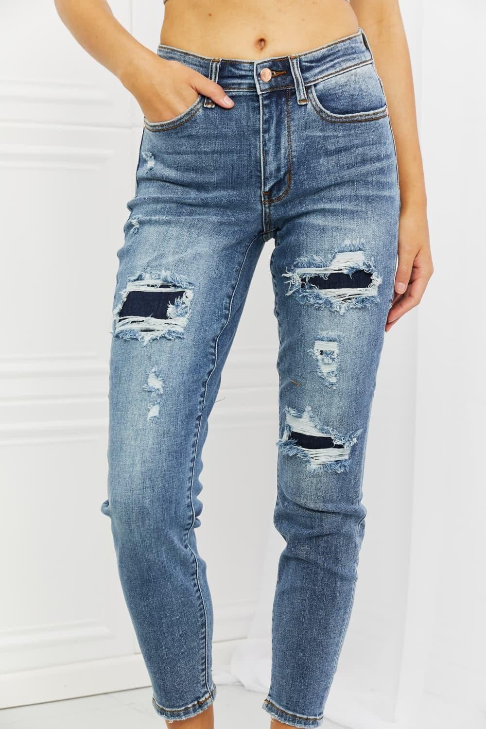 Judy Blue Dahlia Full Size Distressed Patch Jeans - SwagglyLife Home & Fashion