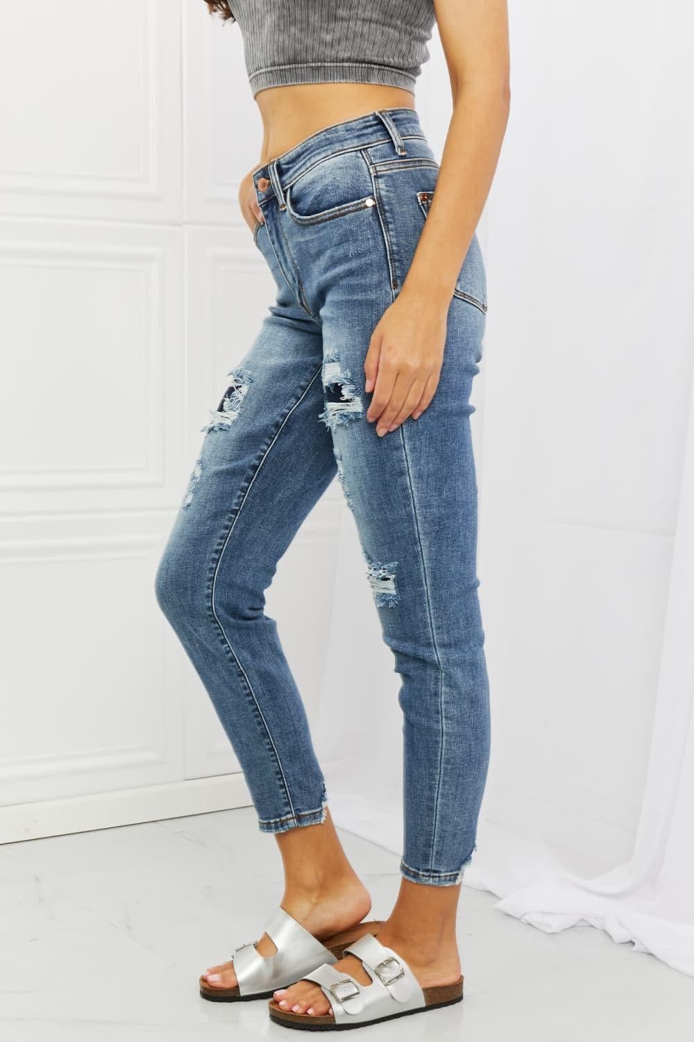 Judy Blue Dahlia Full Size Distressed Patch Jeans - SwagglyLife Home & Fashion