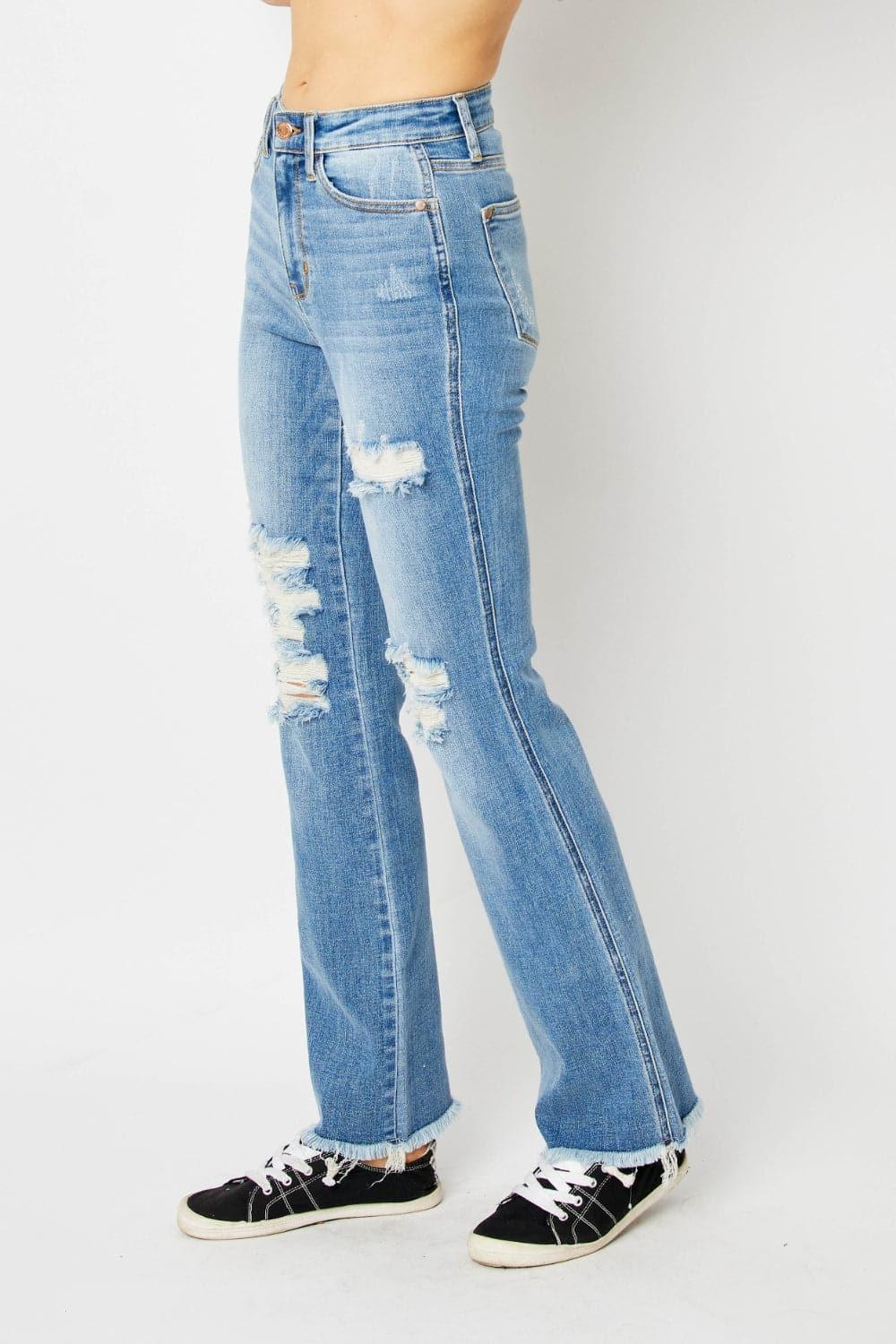 Judy Blue Distressed Raw Hem Bootcut Jeans - SwagglyLife Home & Fashion