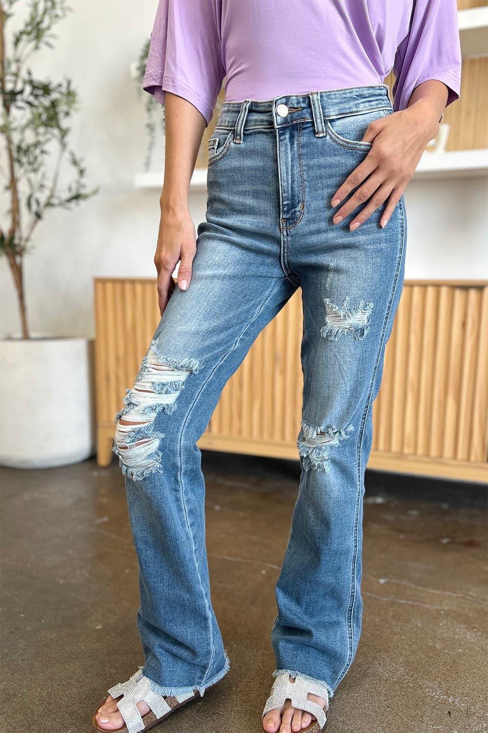 Judy Blue Distressed Raw Hem Bootcut Jeans - SwagglyLife Home & Fashion