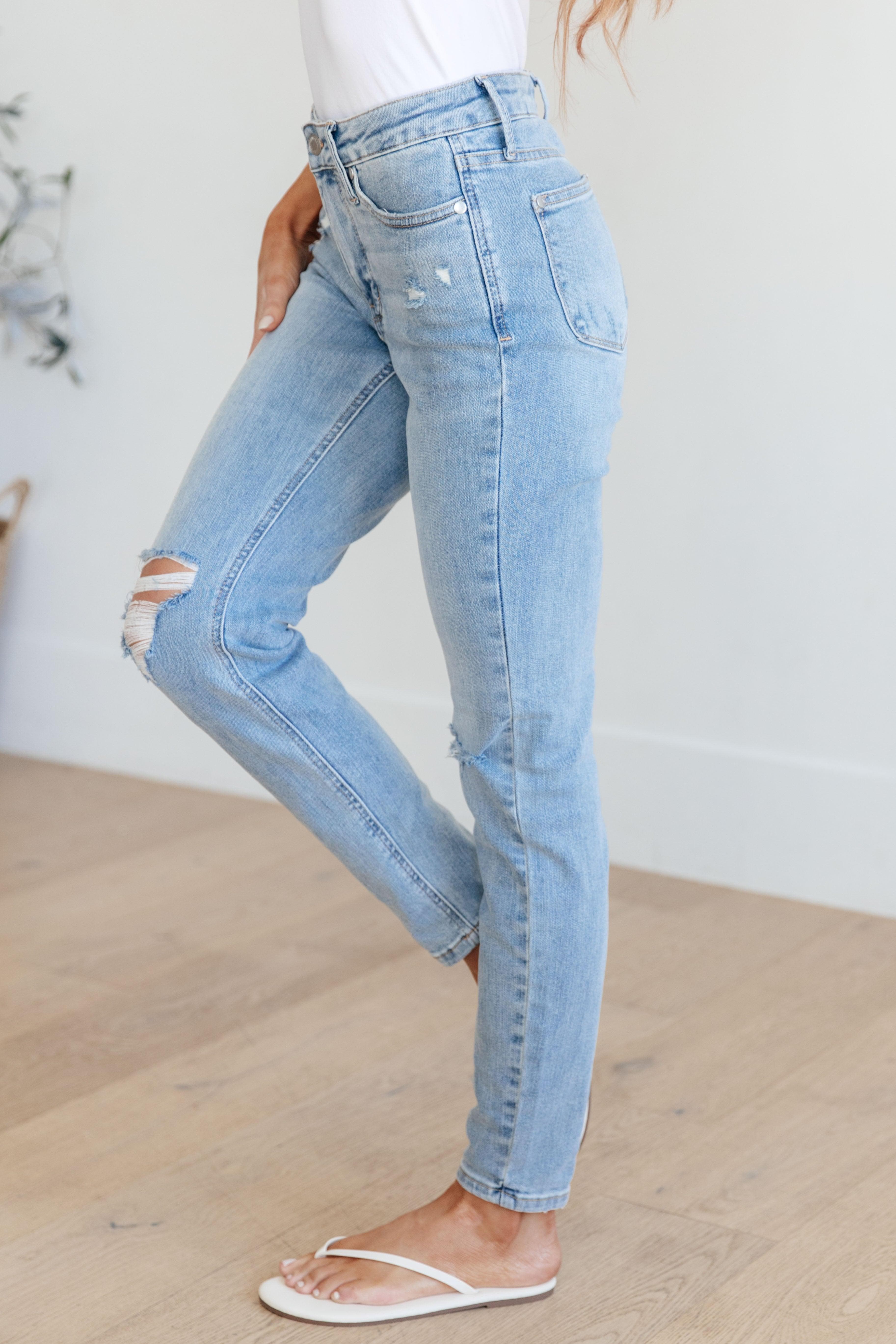 Judy Blue Eloise Mid Rise Control Top Distressed Skinny Jeans - SwagglyLife Home & Fashion