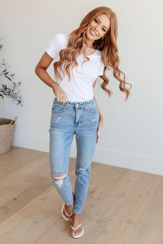 Judy Blue Eloise Mid Rise Control Top Distressed Skinny Jeans - SwagglyLife Home & Fashion