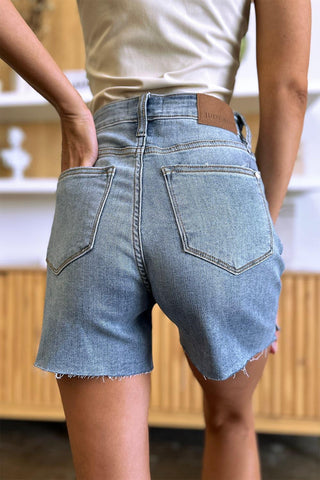 Judy Blue Full Size High Waist Raw Hem Denim Shorts - SwagglyLife Home & Fashion