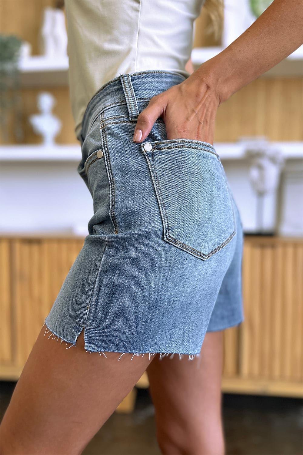 Judy Blue Full Size High Waist Raw Hem Denim Shorts - SwagglyLife Home & Fashion