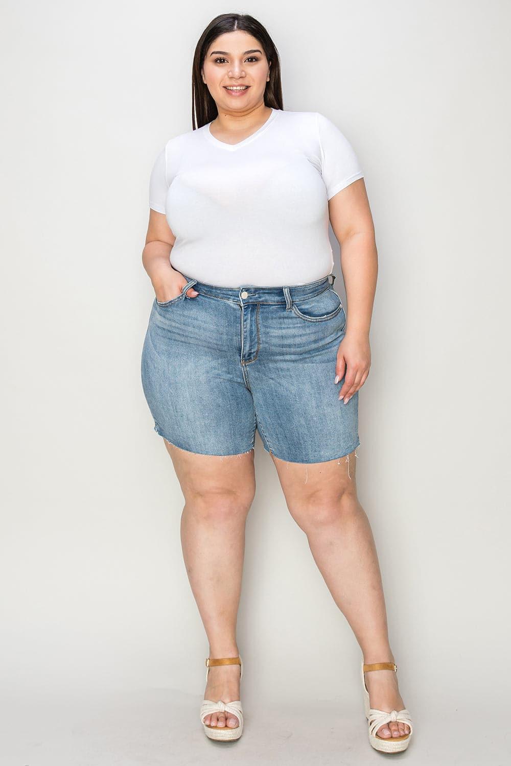 Judy Blue Full Size High Waist Raw Hem Denim Shorts - SwagglyLife Home & Fashion