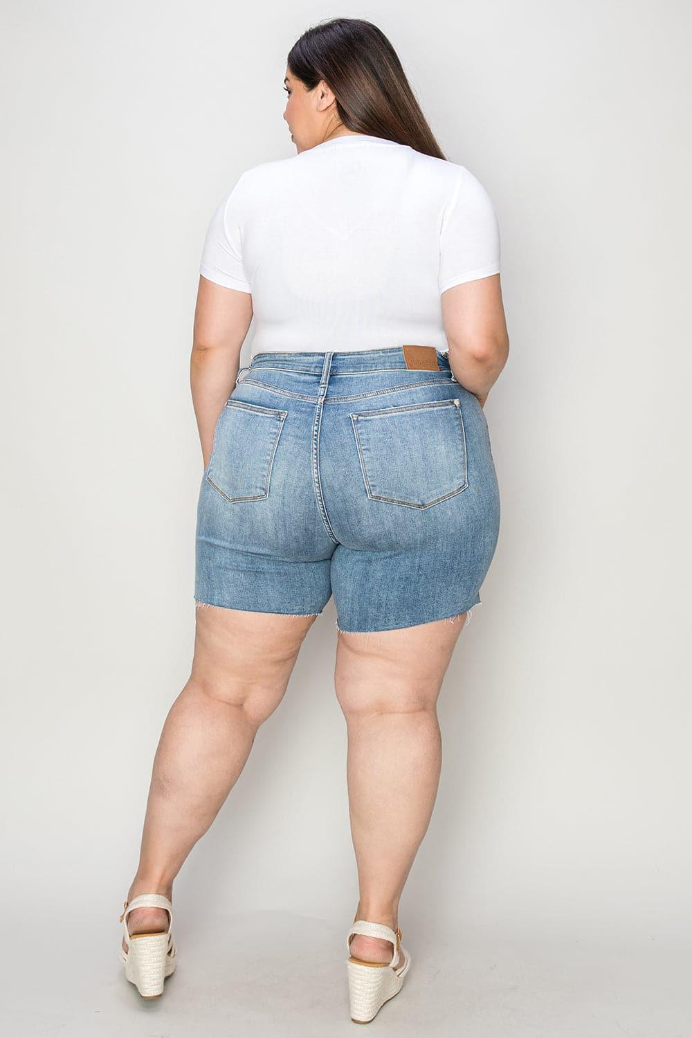 Judy Blue Full Size High Waist Raw Hem Denim Shorts - SwagglyLife Home & Fashion