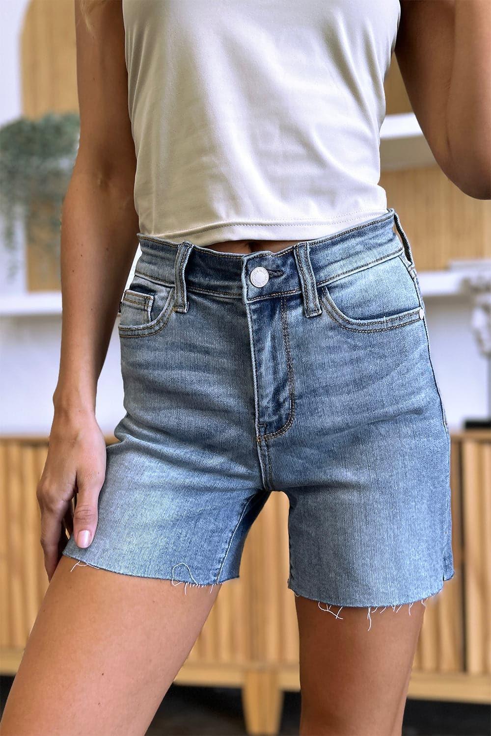 Judy Blue Full Size High Waist Raw Hem Denim Shorts - SwagglyLife Home & Fashion