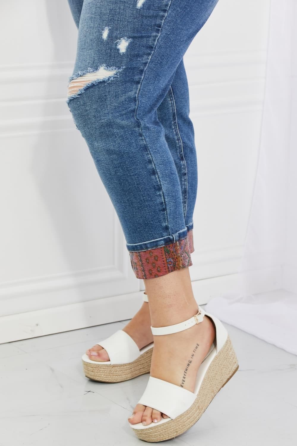 Judy Blue Gina Full Size Mid Rise Paisley Patch Cuff Boyfriend Jeans - SwagglyLife Home & Fashion