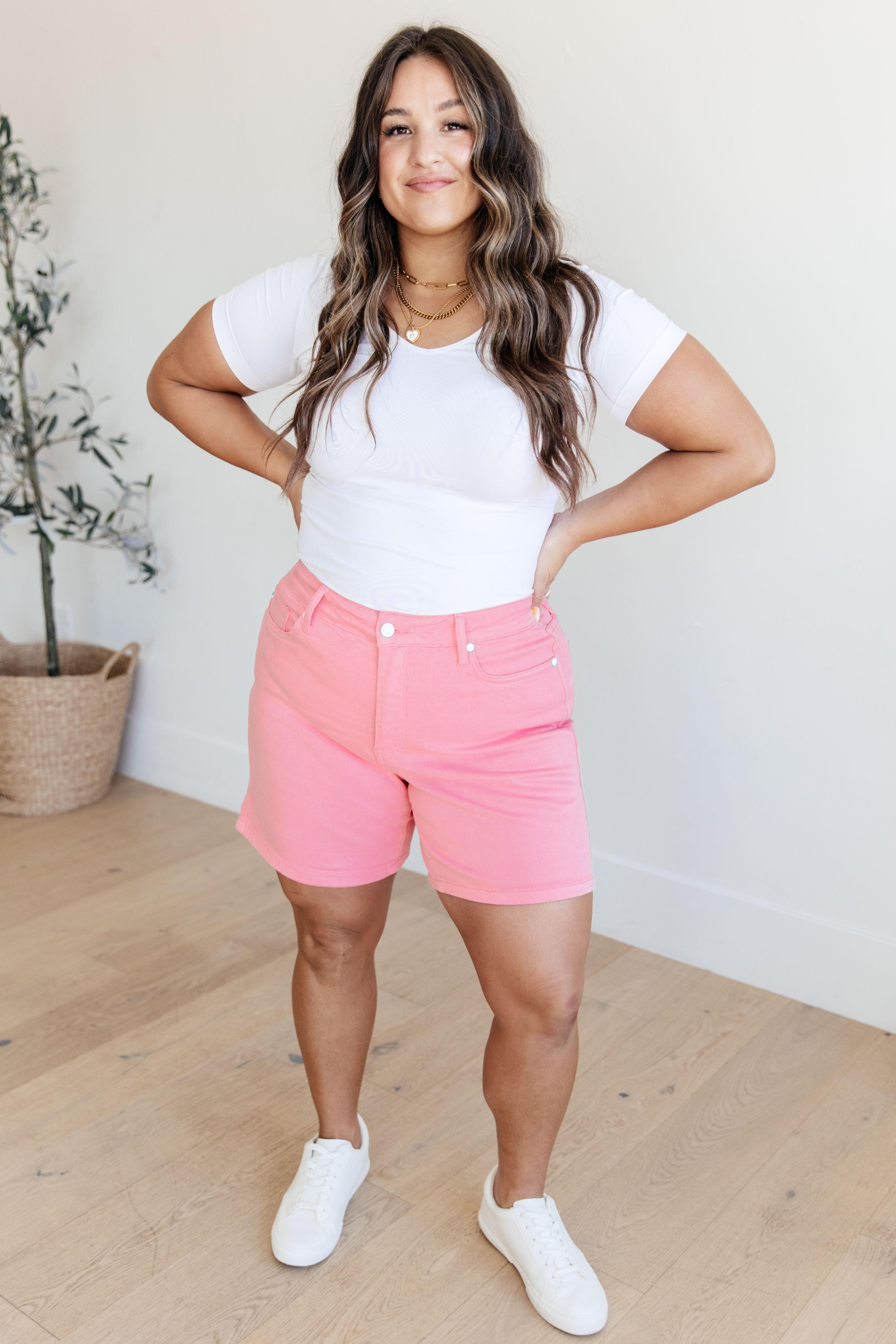 Judy Blue Jenna High Rise Control Top Cuffed Shorts in Pink - SwagglyLife Home & Fashion