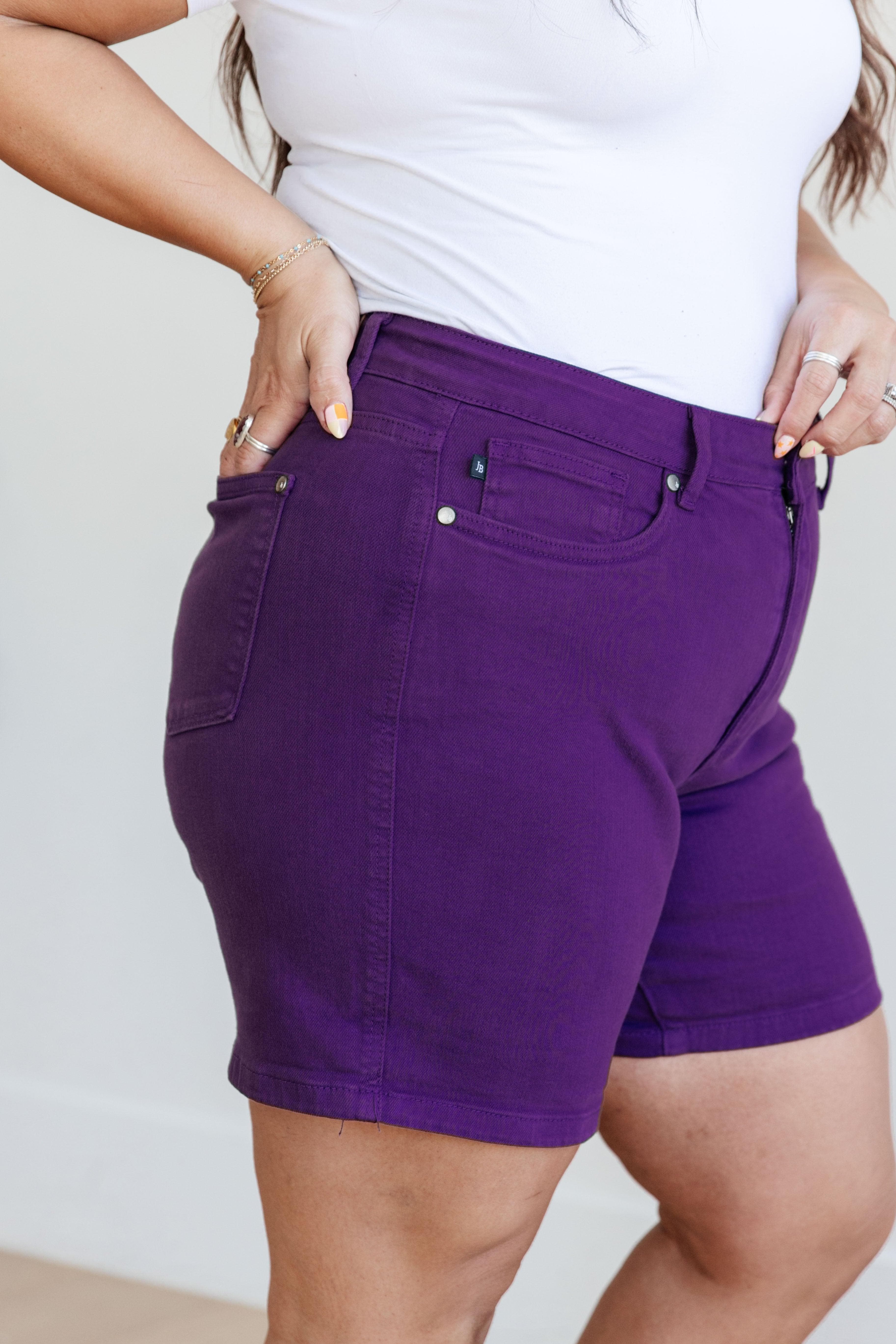 Judy Blue Jenna High Rise Control Top Cuffed Shorts in Purple - SwagglyLife Home & Fashion