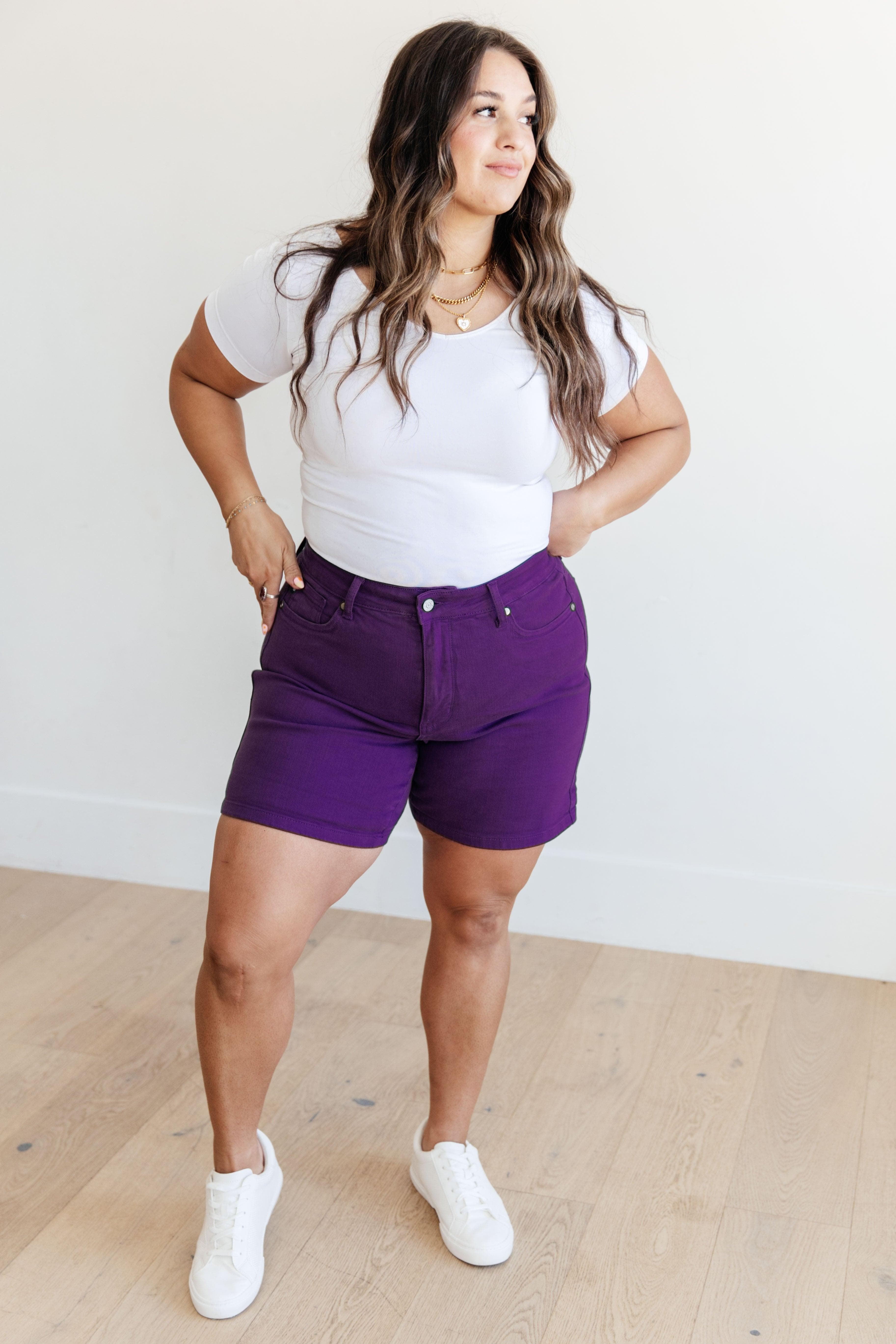Judy Blue Jenna High Rise Control Top Cuffed Shorts in Purple - SwagglyLife Home & Fashion