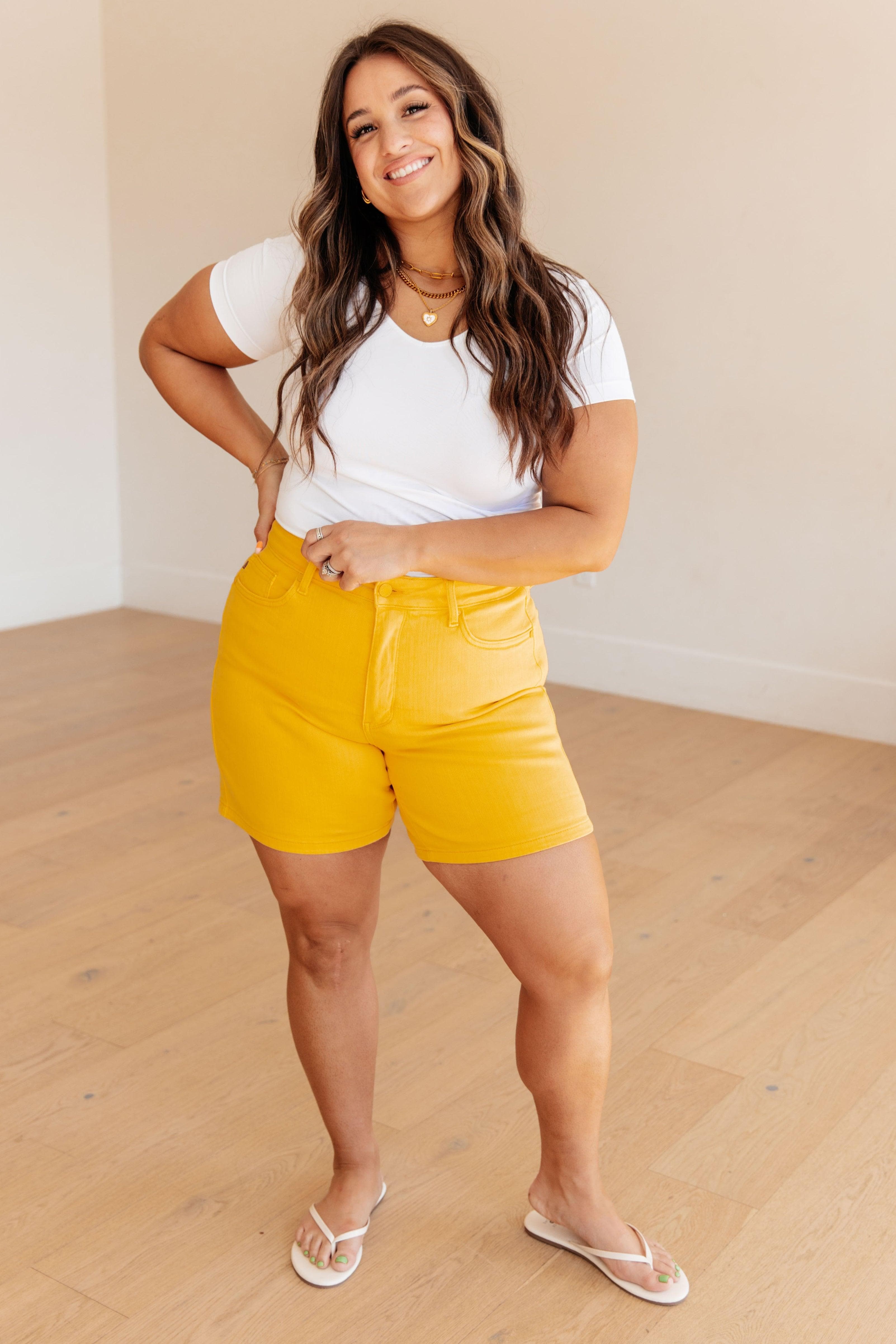 Judy Blue Jenna High Rise Control Top Cuffed Shorts in Yellow - SwagglyLife Home & Fashion