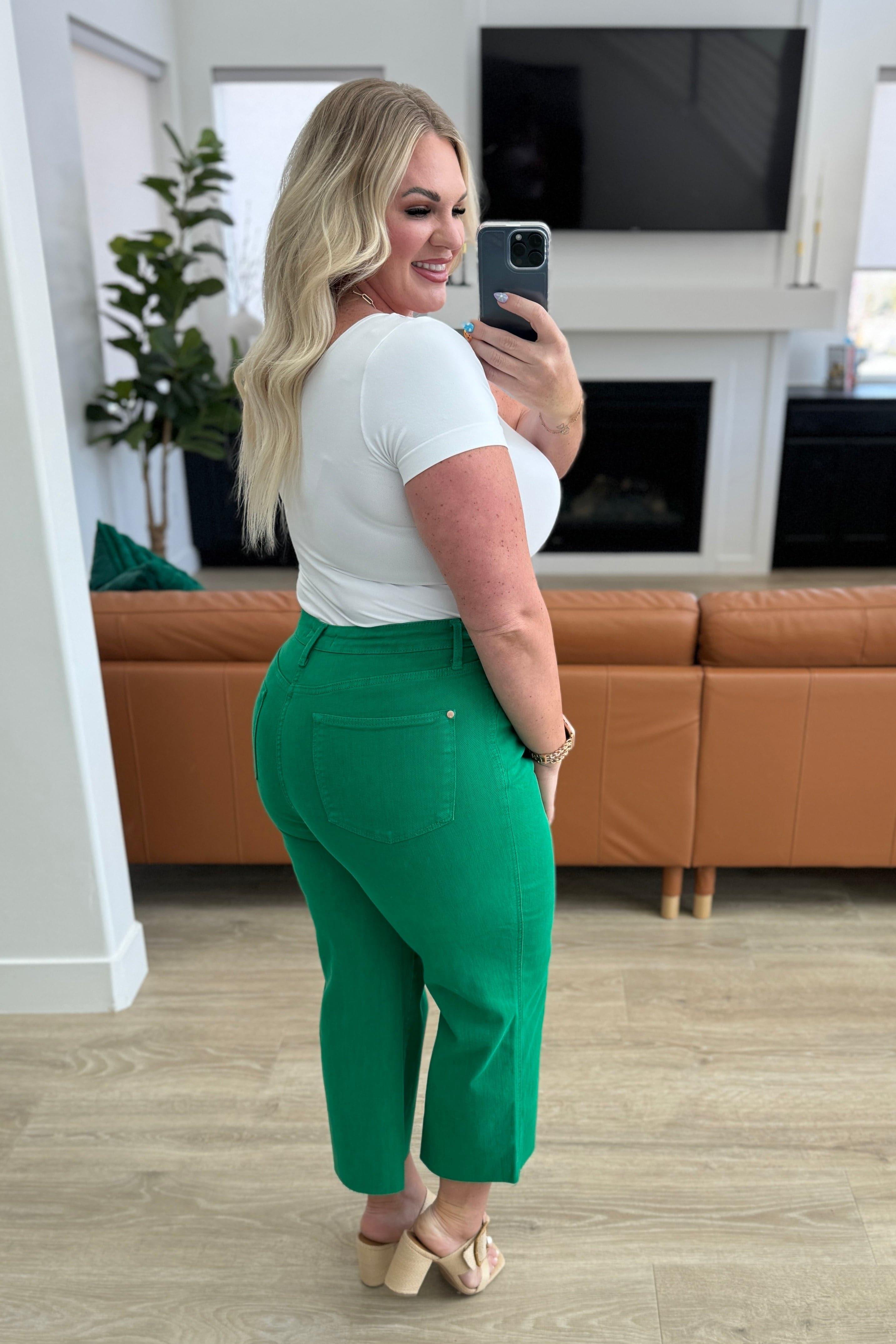 Judy Blue Lisa High Rise Control Top Wide Leg Crop Jeans in Kelly Green - SwagglyLife Home & Fashion