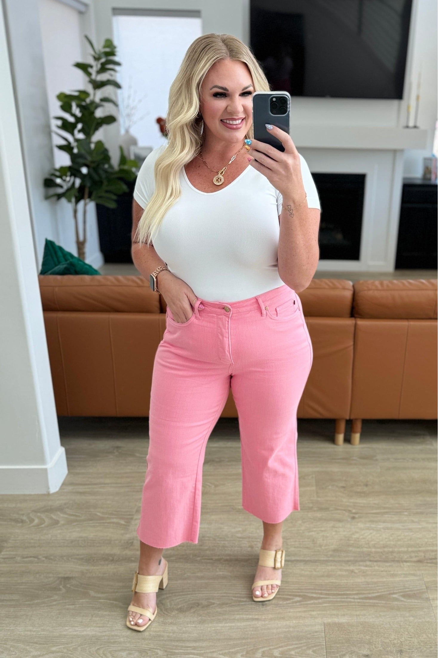 Judy Blue Lisa High Rise Control Top Wide Leg Crop Jeans in Pink - SwagglyLife Home & Fashion