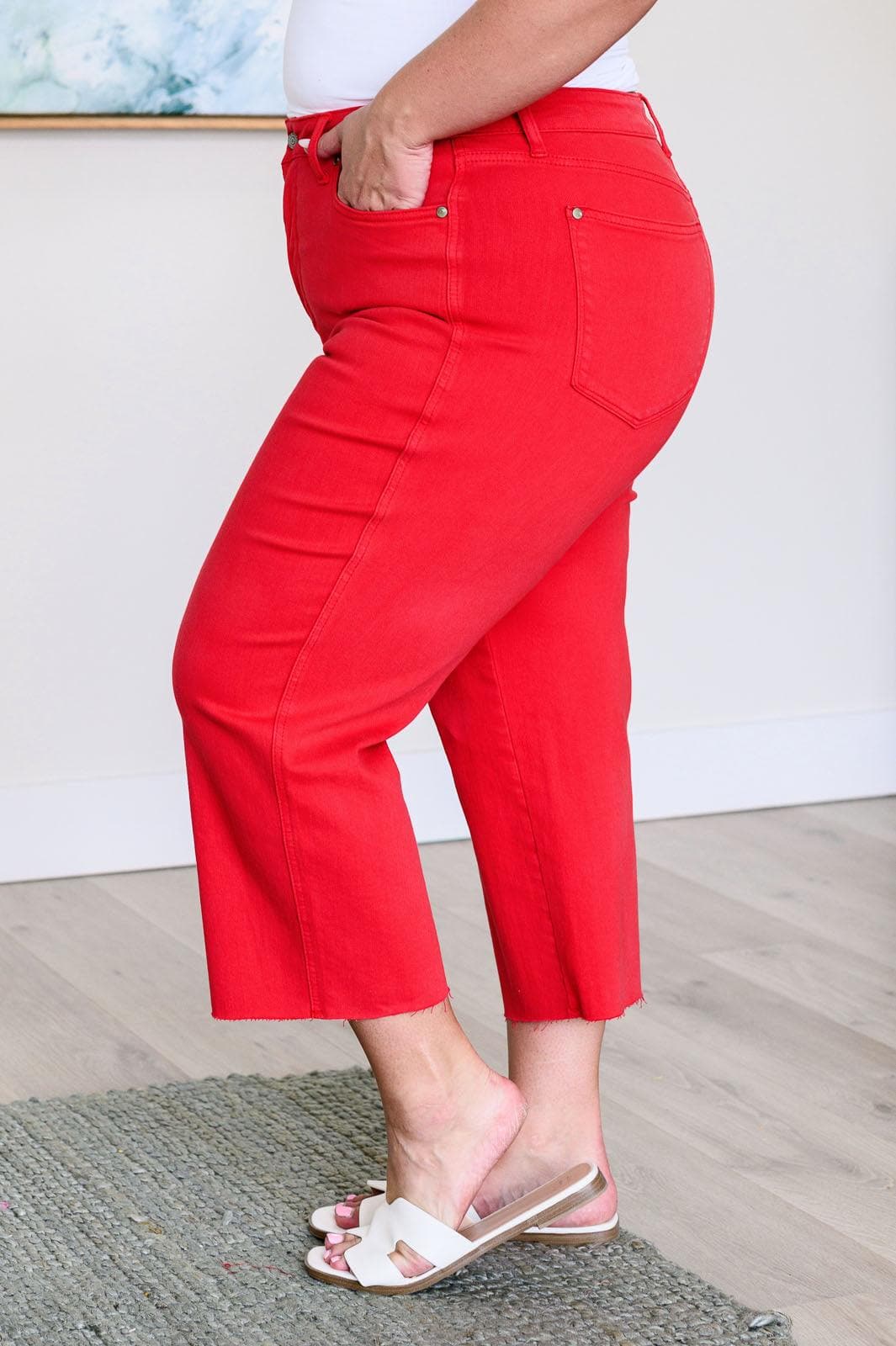 Judy Blue Lisa High Rise Control Top Wide Leg Crop Jeans in Red - SwagglyLife Home & Fashion