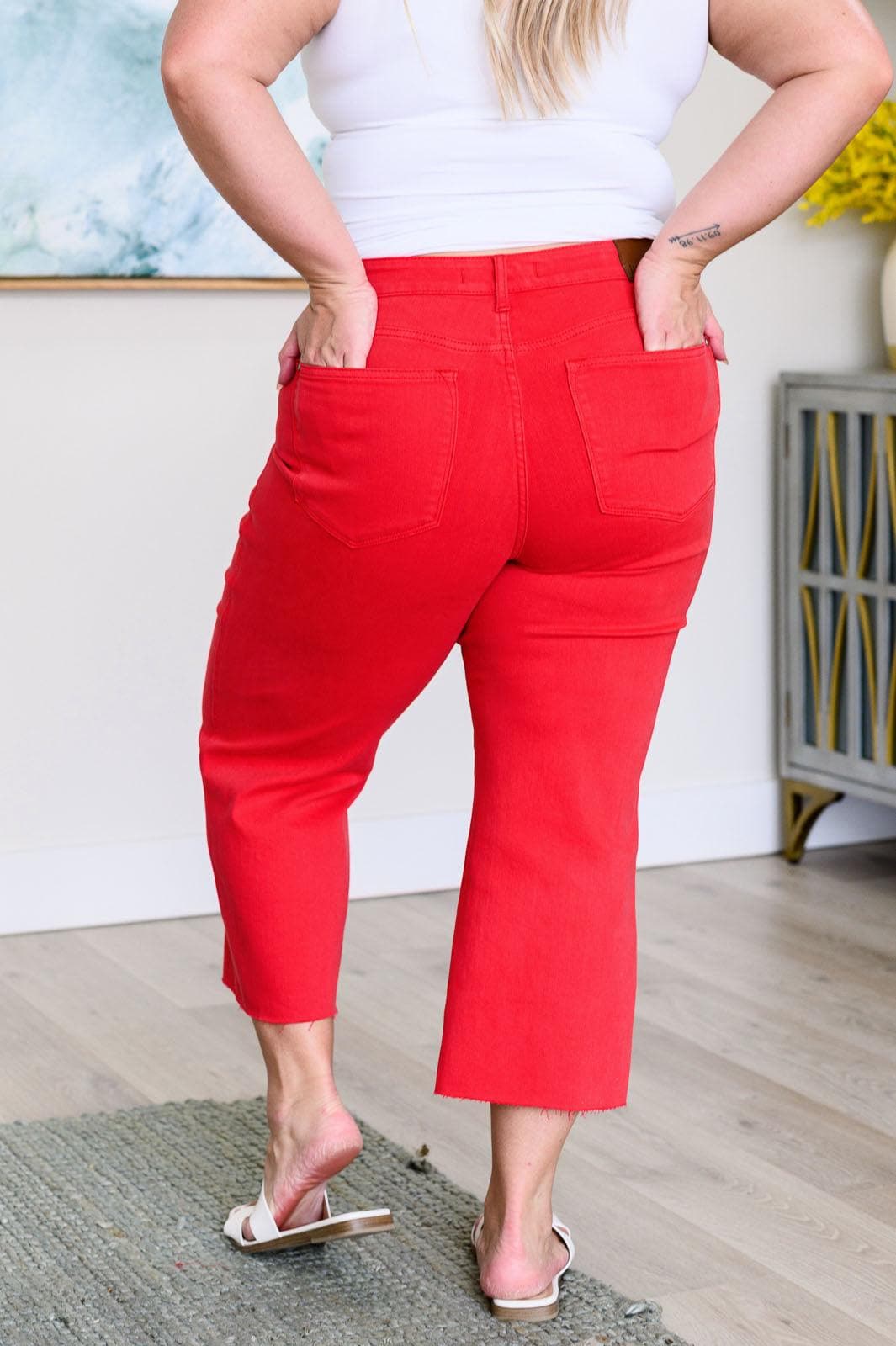 Judy Blue Lisa High Rise Control Top Wide Leg Crop Jeans in Red - SwagglyLife Home & Fashion