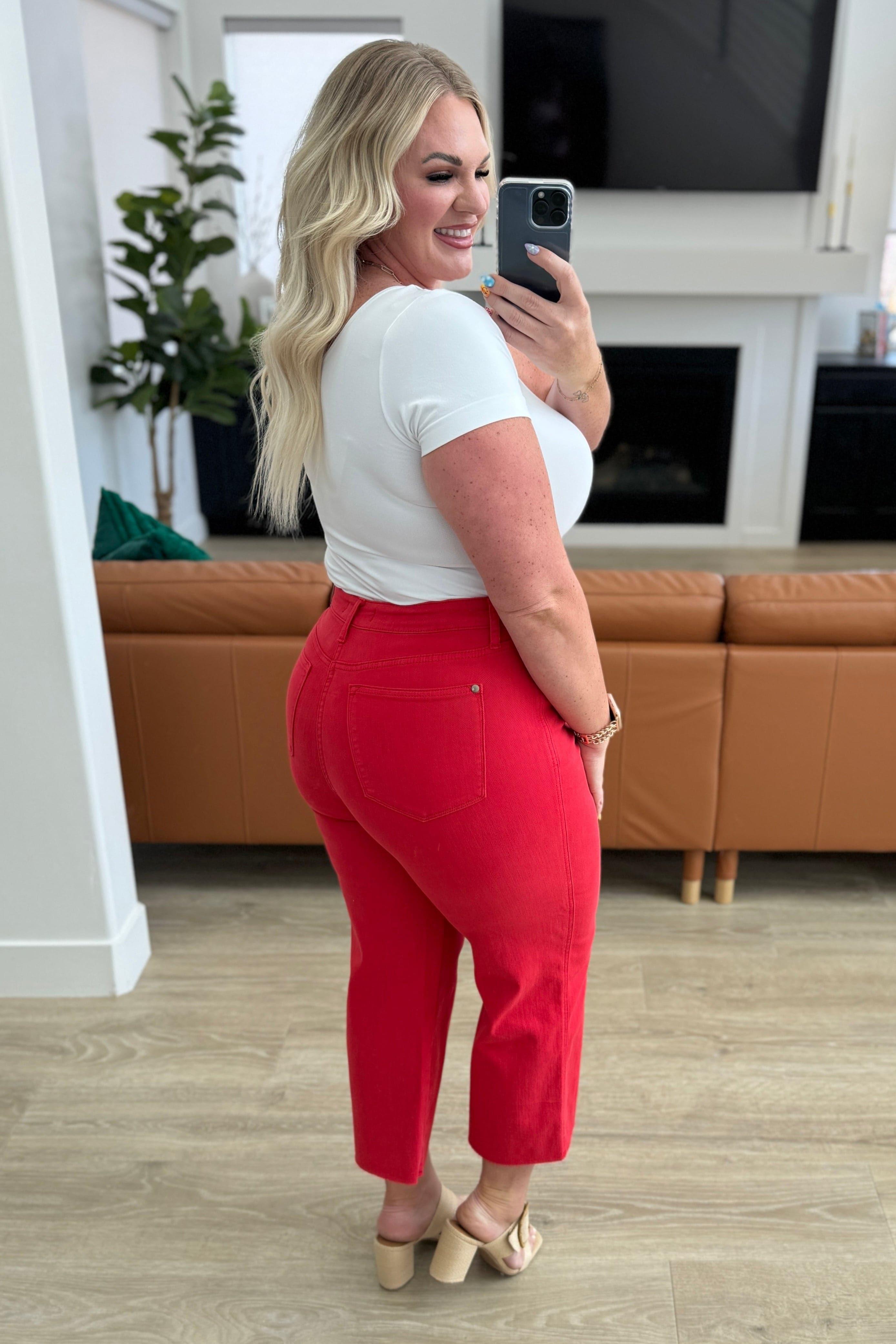 Judy Blue Lisa High Rise Control Top Wide Leg Crop Jeans in Red - SwagglyLife Home & Fashion