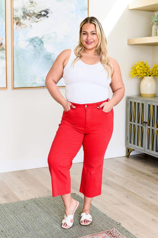 Judy Blue Lisa High Rise Control Top Wide Leg Crop Jeans in Red - SwagglyLife Home & Fashion