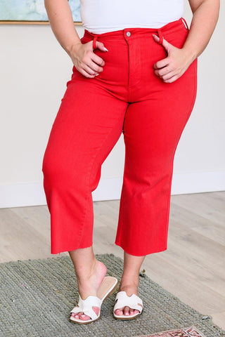 Judy Blue Lisa High Rise Control Top Wide Leg Crop Jeans in Red - SwagglyLife Home & Fashion