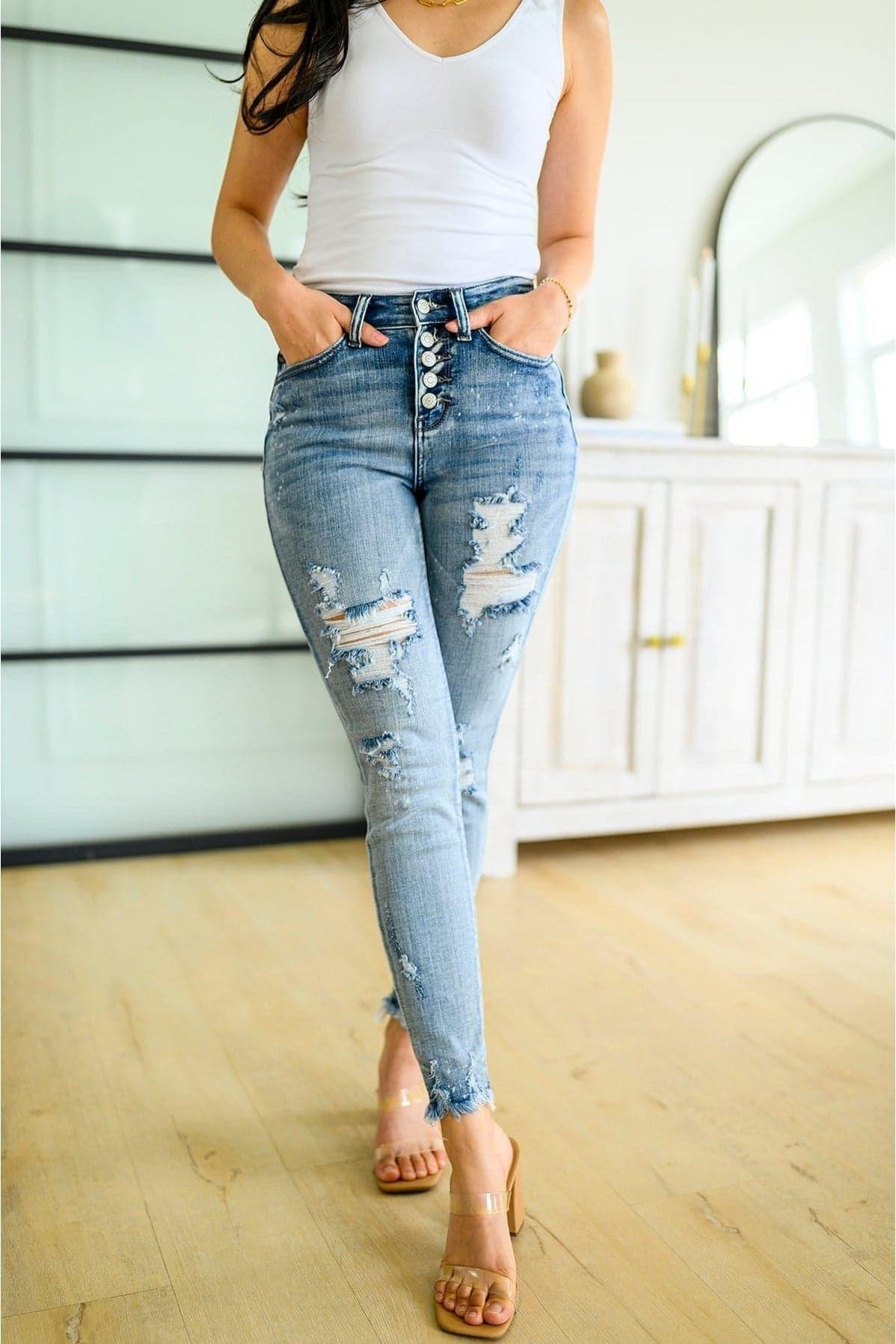 JUDY BLUE Talulla Bleach Splash Button Fly Destroyed Skinny Jeans - SwagglyLife Home & Fashion