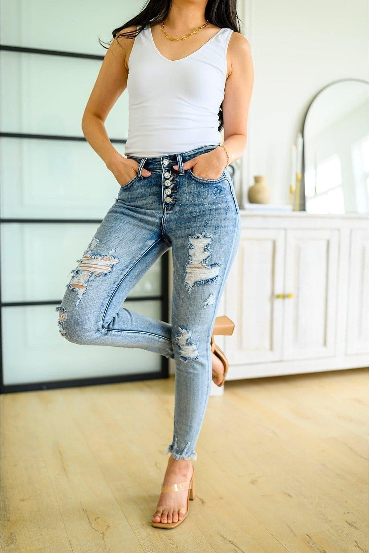 JUDY BLUE Talulla Bleach Splash Button Fly Destroyed Skinny Jeans - SwagglyLife Home & Fashion