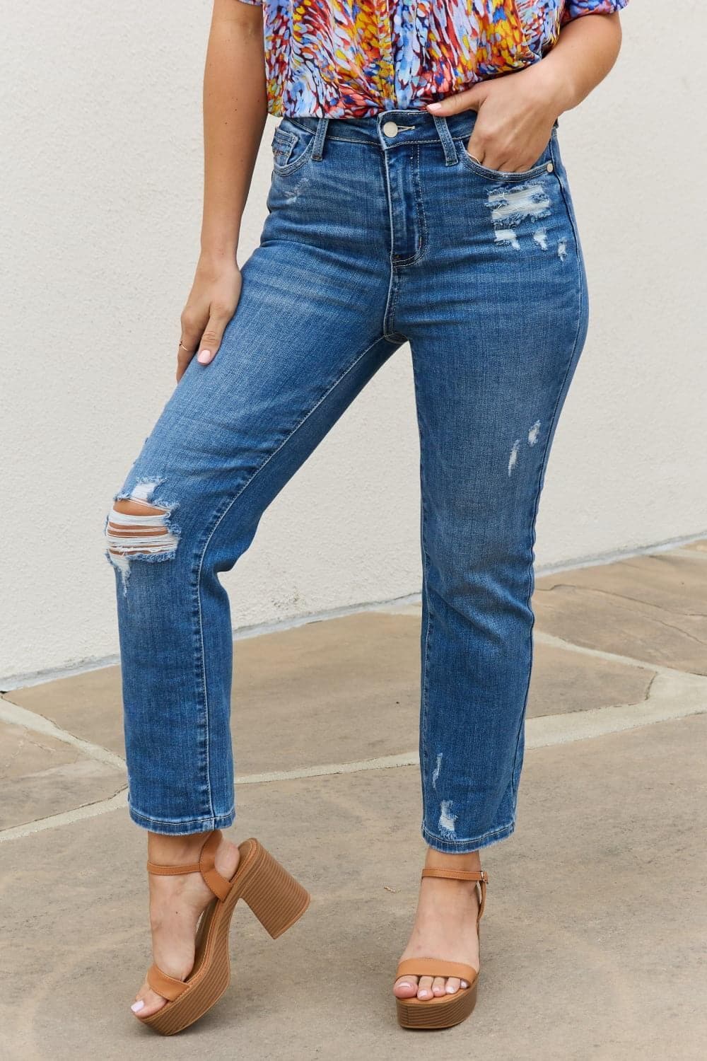 Judy Blue Theresa Full Size High Waisted Ankle Distressed Straight Jeans - SwagglyLife Home & Fashion