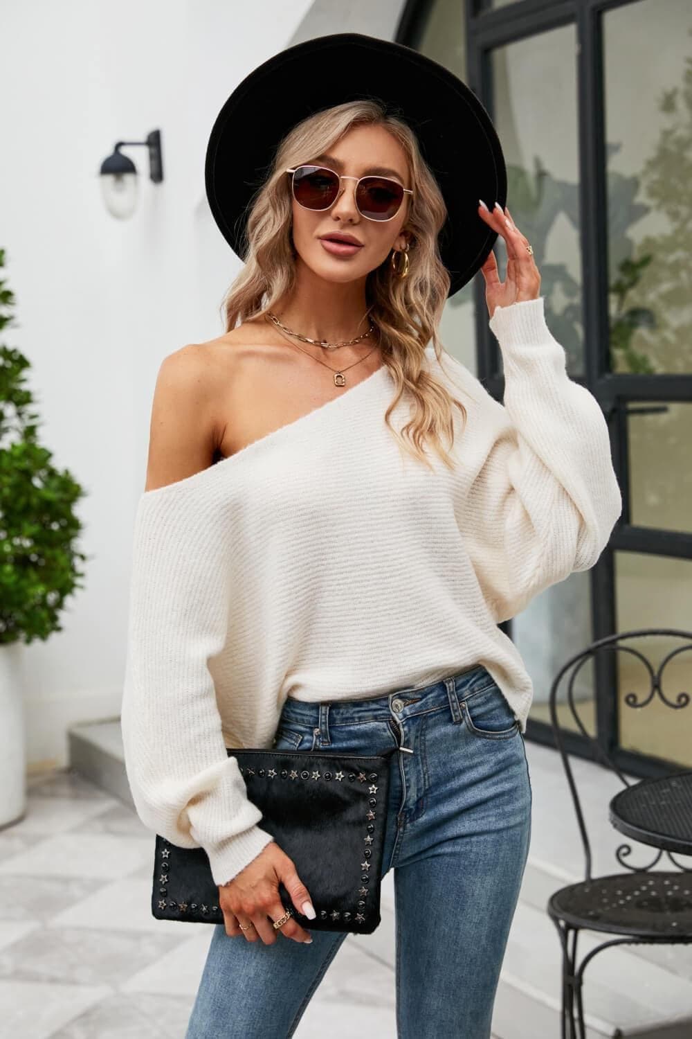 Boat Neck Horizontal Ribbing Dolman Sleeve Sweater - SwagglyLife Home & Fashion