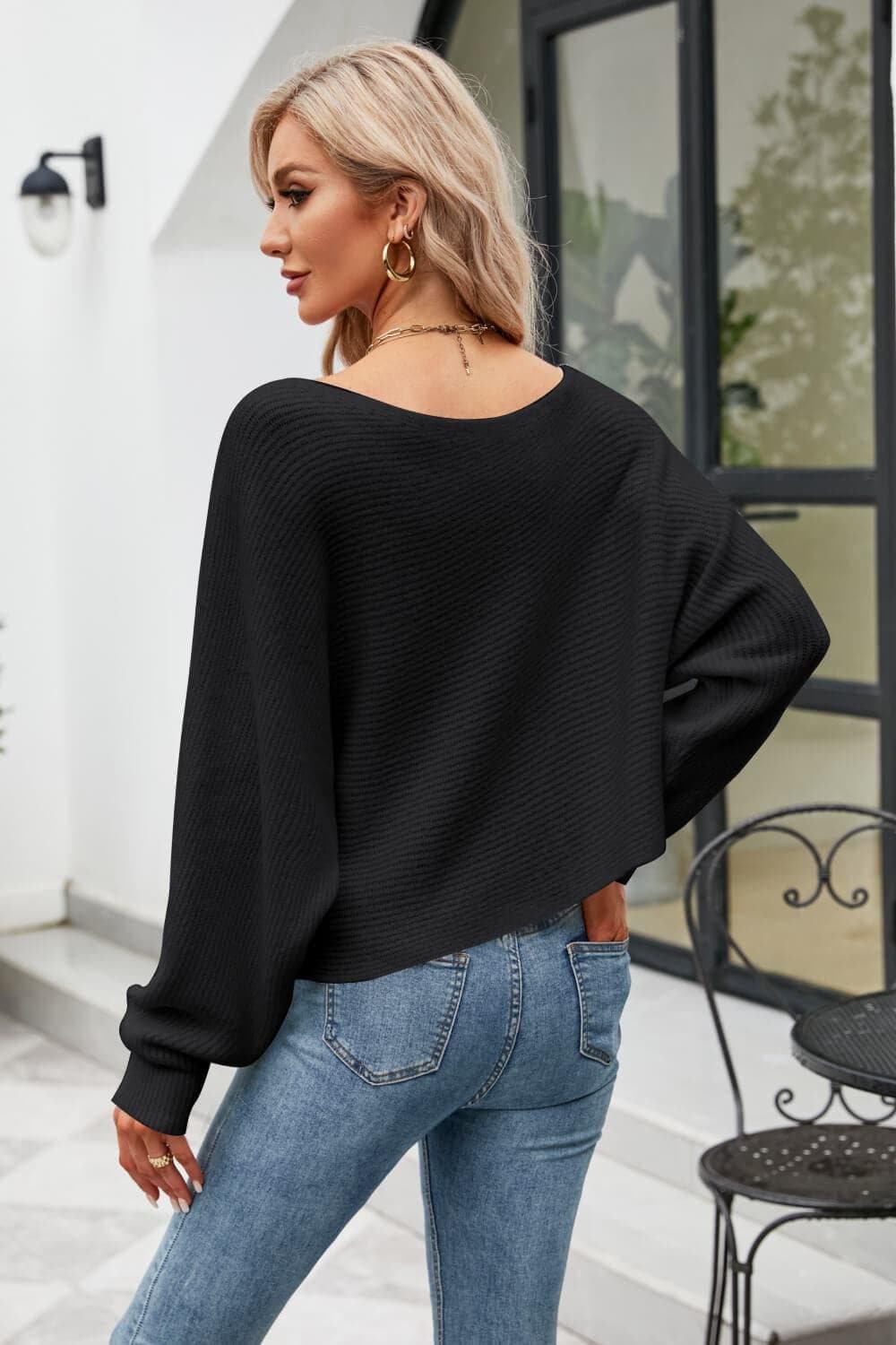 Boat Neck Horizontal Ribbing Dolman Sleeve Sweater - SwagglyLife Home & Fashion