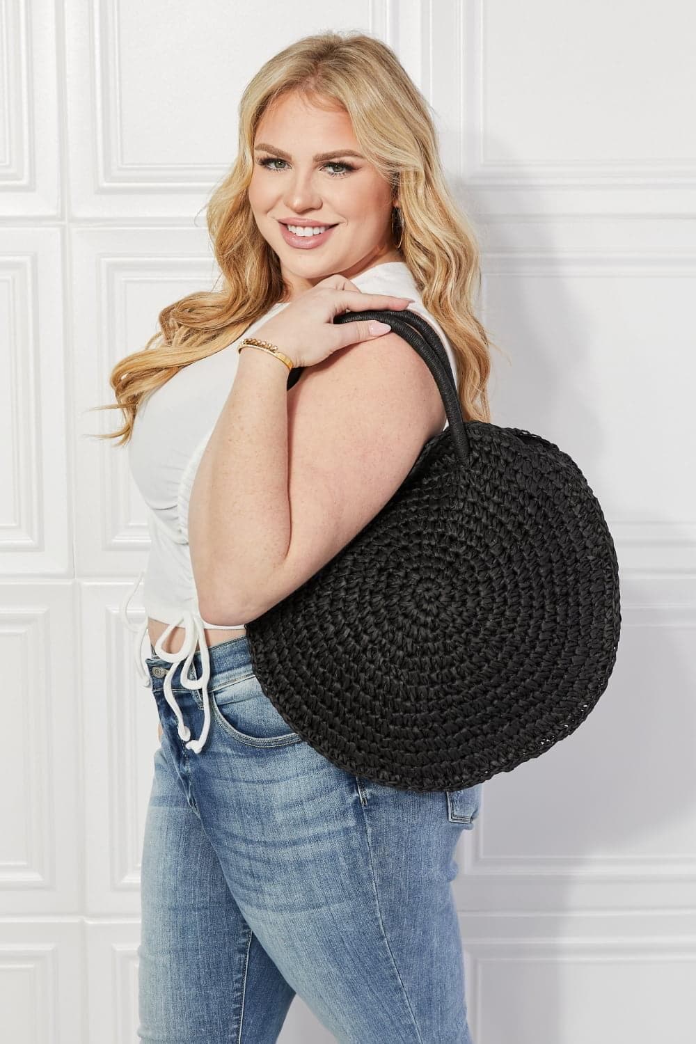 Justin Taylor Beach Date Straw Rattan Handbag in Black - SwagglyLife Home & Fashion