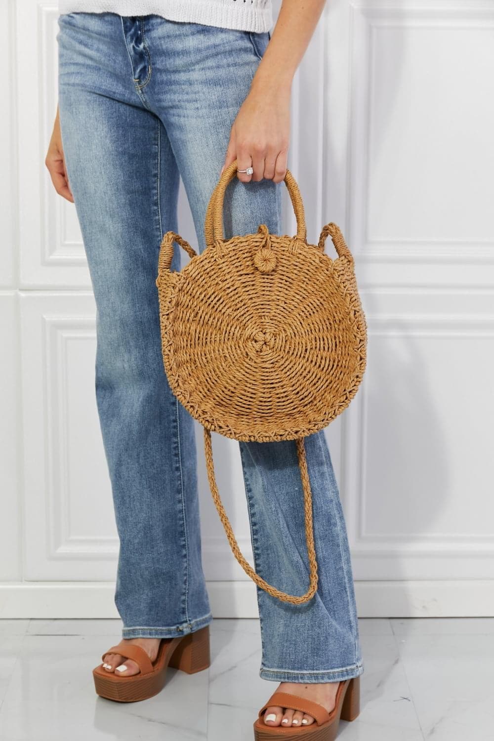 Justin Taylor Feeling Cute Rounded Rattan Handbag, Camel - SwagglyLife Home & Fashion