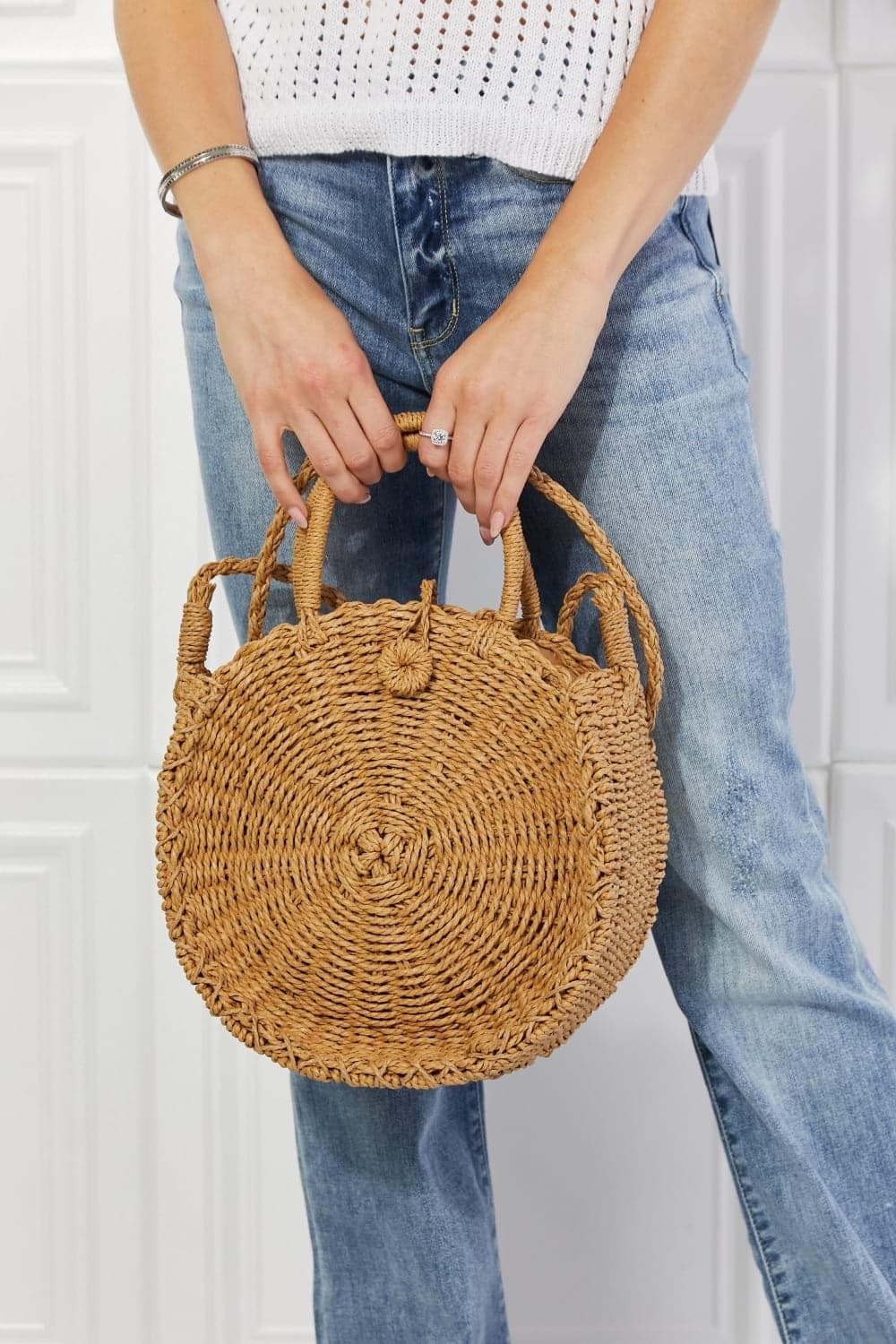 Justin Taylor Feeling Cute Rounded Rattan Handbag, Camel - SwagglyLife Home & Fashion