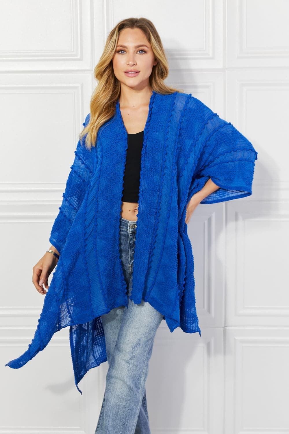 Justin Taylor Pom-Pom Asymmetrical Poncho Cardigan in Blue - SwagglyLife Home & Fashion