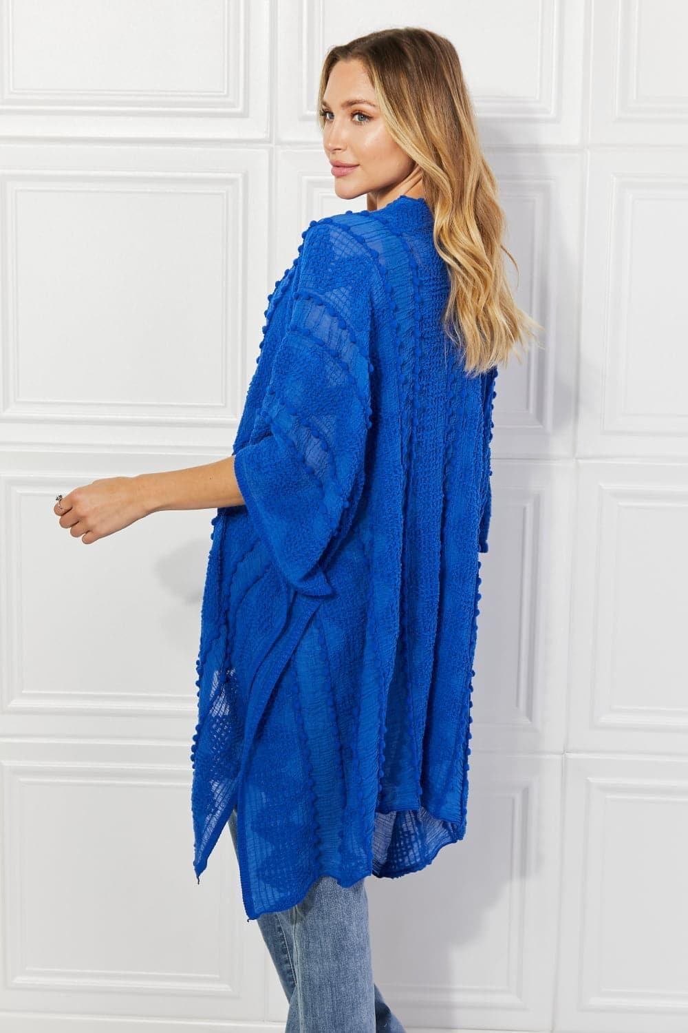 Justin Taylor Pom-Pom Asymmetrical Poncho Cardigan in Blue - SwagglyLife Home & Fashion