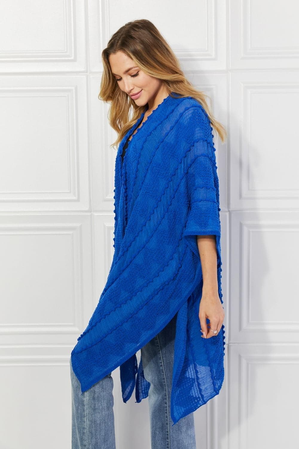 Justin Taylor Pom-Pom Asymmetrical Poncho Cardigan in Blue - SwagglyLife Home & Fashion