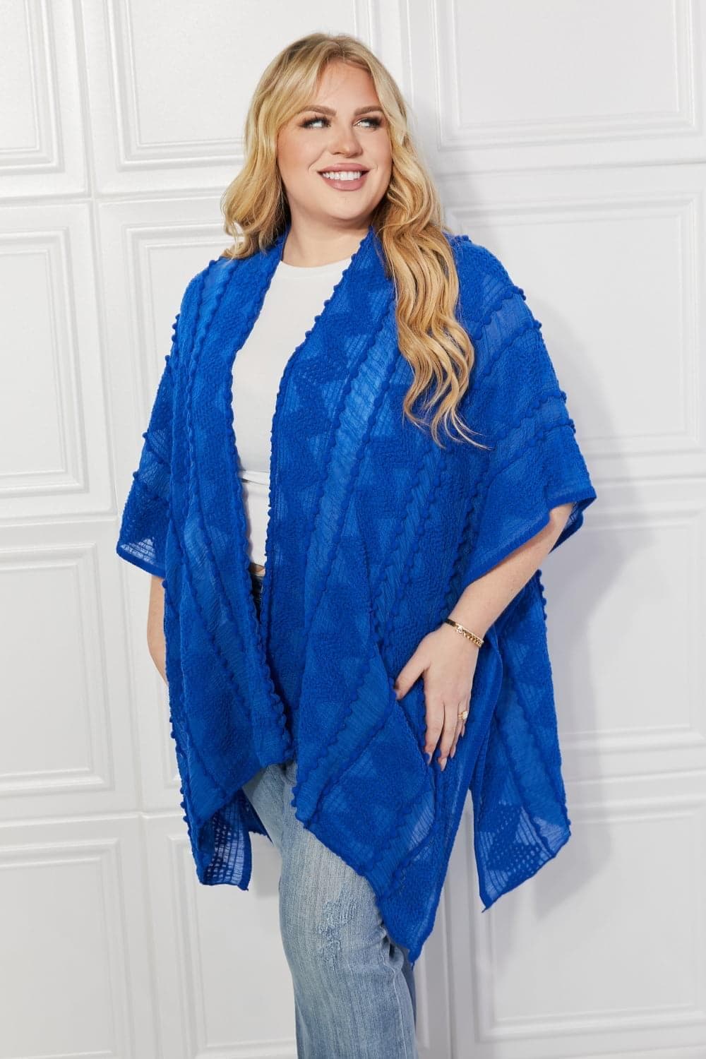 Justin Taylor Pom-Pom Asymmetrical Poncho Cardigan in Blue - SwagglyLife Home & Fashion