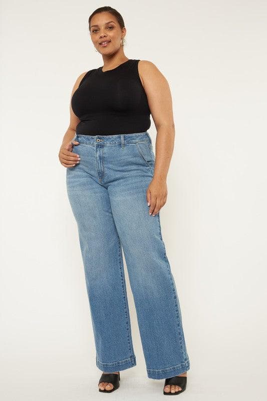 Kan Can USA Plus High Rise Trouser Wide Leg Jeans - SwagglyLife Home & Fashion