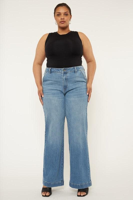 Kan Can USA Plus High Rise Trouser Wide Leg Jeans - SwagglyLife Home & Fashion