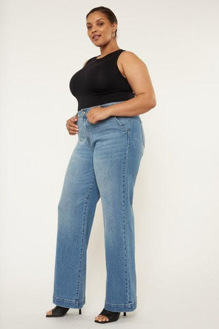 Kan Can USA Plus High Rise Trouser Wide Leg Jeans - SwagglyLife Home & Fashion