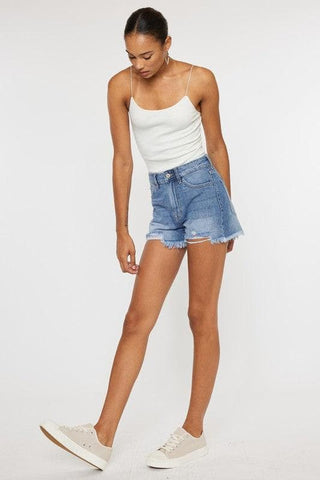 KANCAN High-Rise Mom Shorts with Raw Frayed Hem - SwagglyLife Home & Fashion