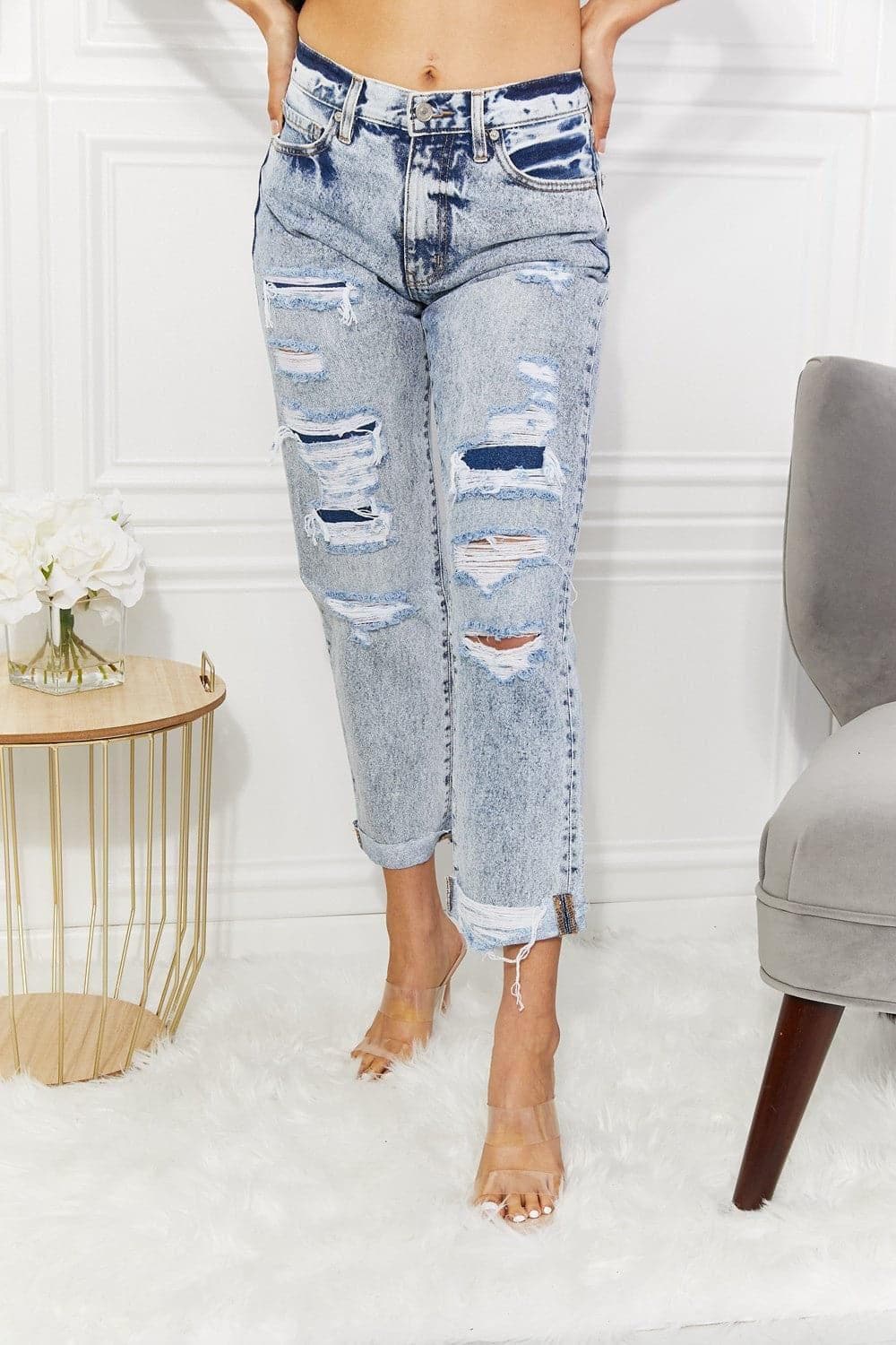 Kancan Kendra High Rise Distressed Straight Jeans - SwagglyLife Home & Fashion