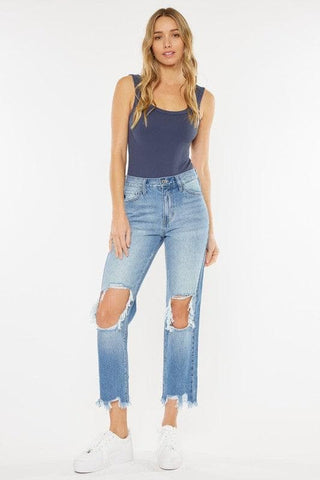 KanCan USA High Rise Chewed Up Mom Jeans - SwagglyLife Home & Fashion