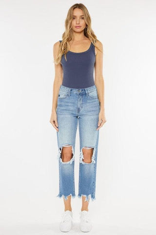 KanCan USA High Rise Chewed Up Mom Jeans - SwagglyLife Home & Fashion