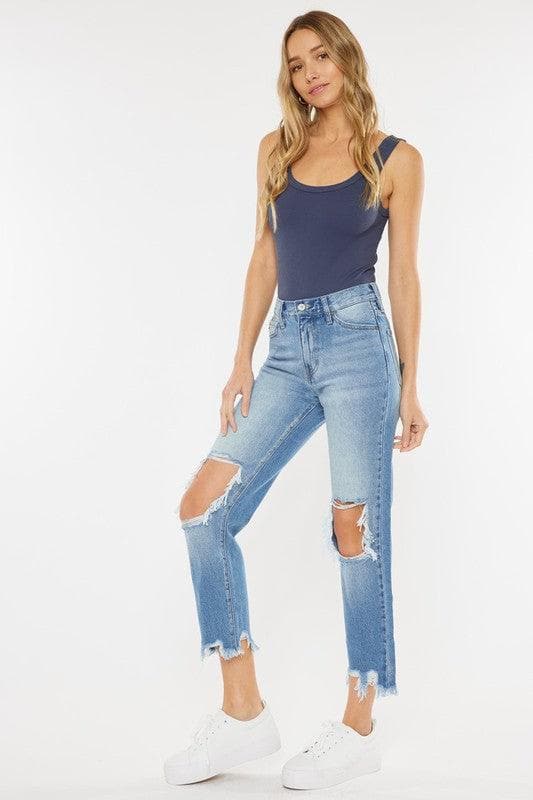 KanCan USA High Rise Chewed Up Mom Jeans - SwagglyLife Home & Fashion