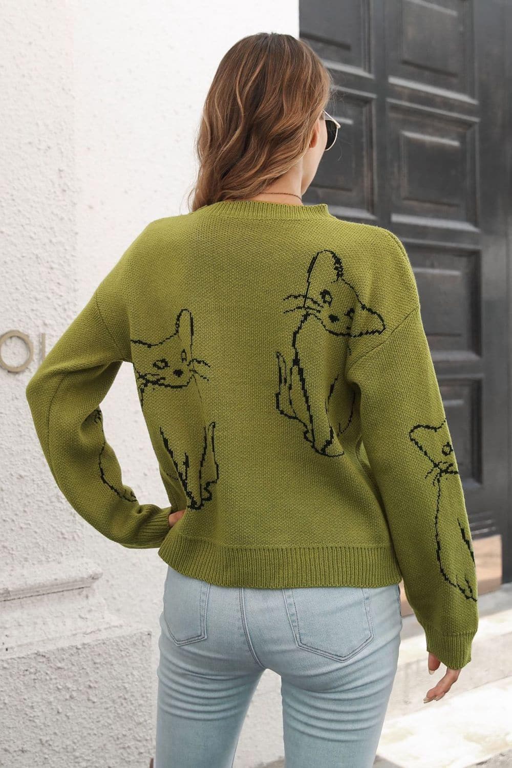 Cat Pattern Round Neck Long Sleeve Pullover Sweater, Multiple Colors - SwagglyLife Home & Fashion