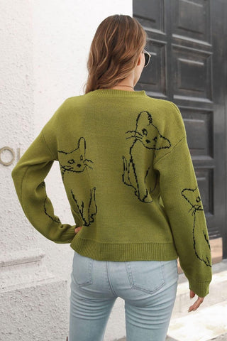 Cat Pattern Round Neck Long Sleeve Pullover Sweater, Multiple Colors - SwagglyLife Home & Fashion