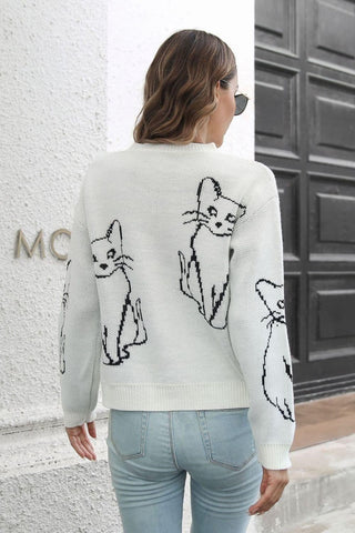 Cat Pattern Round Neck Long Sleeve Pullover Sweater, Multiple Colors - SwagglyLife Home & Fashion