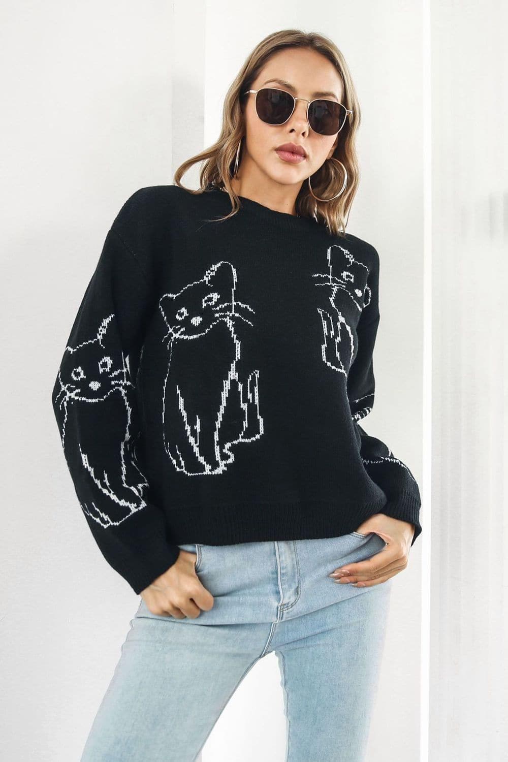 Cat Pattern Round Neck Long Sleeve Pullover Sweater, Multiple Colors - SwagglyLife Home & Fashion