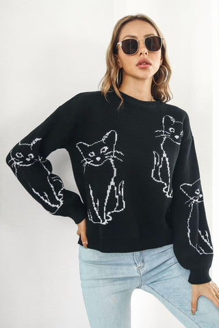 Cat Pattern Round Neck Long Sleeve Pullover Sweater, Multiple Colors - SwagglyLife Home & Fashion